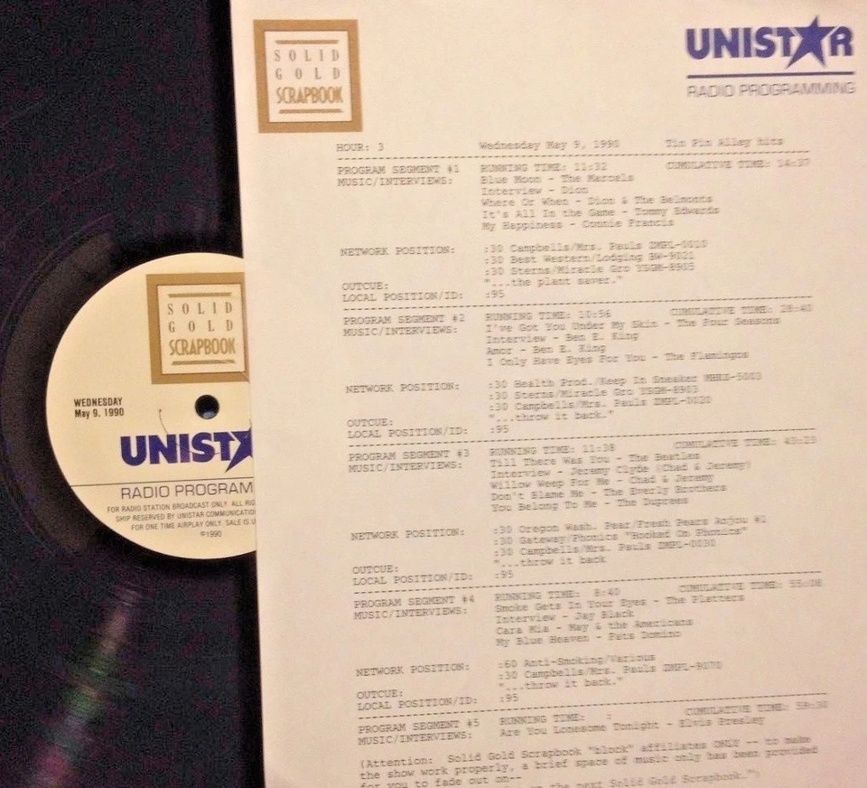 RADIO SHOW: 5/9/90 TIN PAN ALLEY: MARCELS, DION, TOMMY EDWARDS, CONNIE FRANCIS - Image 1 of 1