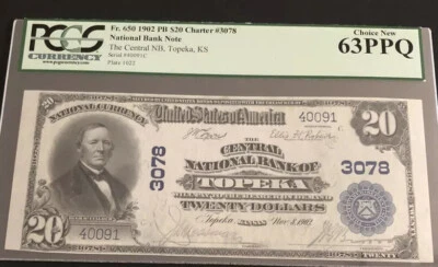 1902-$20PB-the Central NB of TOPEKA, KS. PCGS 63PPQ. A Nice Note For Collector. - Image 1 of 4