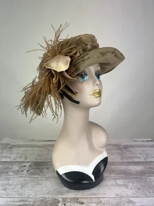 Antique Edwardian 1900s Hat Feathers Velvet Titanic Flowers Bouquet Brown AS IS - Picture 1 of 11