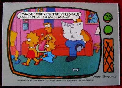 THE SIMPSONS - Card #78 - BART, HOMER, LISA, MAGGIE, MARGE - "PAPER"- TOPPS 1990 - Image 1 of 2