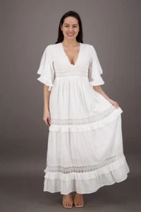 Women's Boho Lace Summer V Neck Floral Embroidery Beach Bell Sleeves Long Dress - Picture 1 of 3