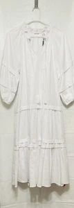 $495 ELIE TAHARI Tassel Ruffle Neck Balloon Sleeve Tiered Midi Dress L Sky White - Picture 1 of 7