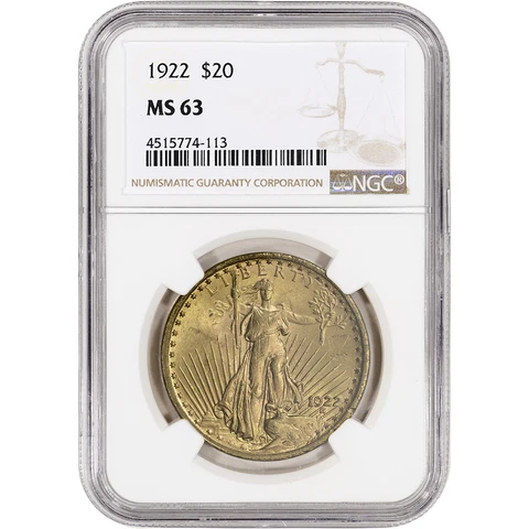 1922 US Gold $20 Saint-Gaudens Double Eagle - NGC MS63 Cover