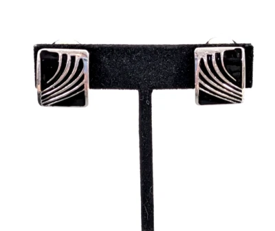 Silver Tone Black Enamel Rectangle Modernist Clip On Earrings - Image 1 of 4