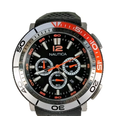 Nautica  N14630 50 MM Men Watch Chrono Black Dial/Rubber Stra Orange Accents NOS - Image 1 of 4