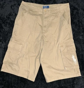 VTG Polo Ralph Lauren Mens Tan Cargo Shorts 34 Inseam 14 Big Pony Logo Baggy 920 - Picture 1 of 10