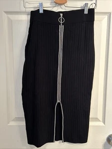 NWT! H&M Black Ribbed Zip Front Midi Pencil Skirt, Womens Size M - Picture 1 of 6