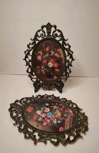 2 Vintage Metal Ornate Picture Frames Italy Convex Bubble Glass 13.75" x 10 1/2" - Picture 1 of 7