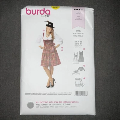 Burda Pattern 7443 Dirndl Dress Apron Blouse German Folklore Costume Size 10-24 - Image 1 of 2