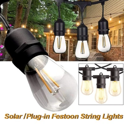 48-65FT Solar/Plug-in Festoon String Lights Outdoor LED Bulbs Garden Xmas Lamp  - image 1 of 4