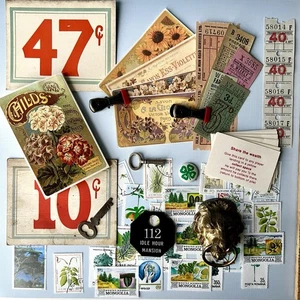 Junk Drawer Vintage Lot Ephemera 50+ Tickets Seed Labels Keys Stamps Stickers - Picture 1 of 7