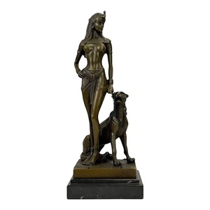 Scultura statua in vero bronzo Cleopatra regina d'Egitto con pantera 10,24 in - Foto 1 di 10