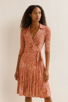 Diane Von Furstenberg Shilo Silk Coral Tropical Coquette Preppy Wrap Dress SZ 2 - Image 1 of 4