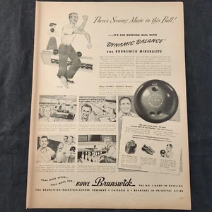Brunswick Mineralite Bowling Ball Dynamic Balance Bowl 1948 Pubblicità Stampa Vintage - Foto 1 di 5