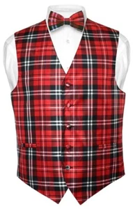 Mens Plaid Dress Vesuvio Napoli Vest & BOWTie Black Red White Set sz 3XL - Picture 1 of 8