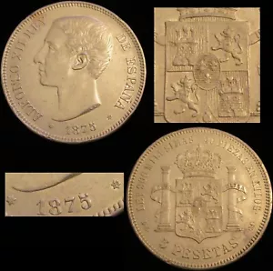*GUTSE*328-ALFONSO XII, 5 PESETAS 1875*18-75, MADRID DE M, PLATA, EBC+ - Picture 1 of 3
