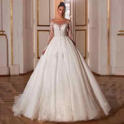 Vestidos de novia de lujo línea A cuello redondo mangas largas apliques de encaje vestidos de novia Foto 1 de 4