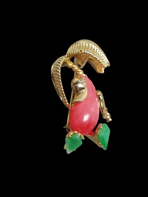 KJL Kenneth Jay Lane Pink Green Lucite Parrot Palm Tree Rhinestone Eye Brooch - Image 1 of 4