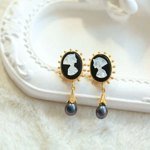 F18 Earrings Cleopatra Pearl Black Agate Dark Pearl Silver 925 - Imagen 1 de 2