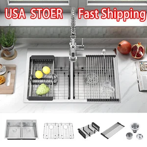 33 x 22 x 9 in Scratch-Resistant Nano Double Bowls Drop in Kitchen Sink W/Grid U - Picture 1 of 72
