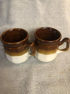 1970s COFFEE CUPS MUGS Vintage Brown 3 Tone Stoneware Mug Set Of 2 - Picture 1 of 9