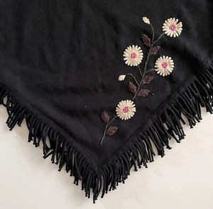 K Studio Poncho Girls XL Black Ribbon Embroidered Flowers Knit Tassels - Picture 1 of 5