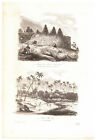 1834 Dumont D'urville Engraving~ Kona Ruins & Waiakea Hilo ~ Sandwich Is ~Hawaii