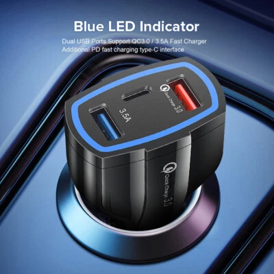 QC3.0 Dual USB Car Adapter Fast Charging USB-C Car Charger For iPhone Samsung LG - Image 1 of 4