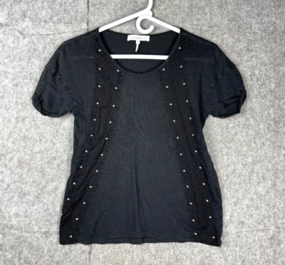 Sandro Paris Shirt Women's 1 Black Linen with Trim Embellishments - Image 1 of 4