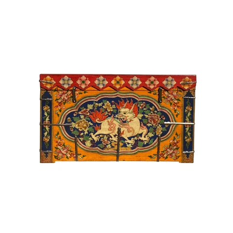 Chinese Tibetan Floral Orange Red Foo Dog Wood Trunk Bench Table cs7168 Cover