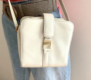 Schultertasche weiß creme Leder Crossbody Vintage Rindsleder geschnitten quadratisch - Bild 1 von 14