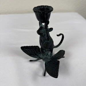 Bronze Mouse Riding Butterfly Candlestick Holder 5" Natural Patina - Picture 1 of 7