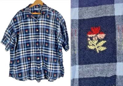 Liz & Me Top Button Up 4X Embroidered Shirt Blue Plaid Floral Country Cabincore - Image 1 of 4
