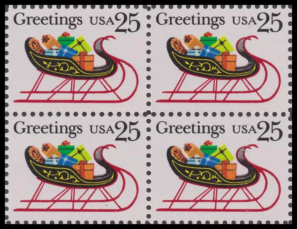 US Greetings Sleigh 25c Stamp Block of 4 Scott #2428 - Image 1 of 1