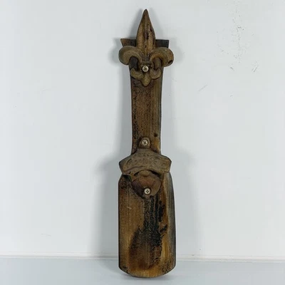 Vintage Coca-Cola Bottle Opener Cast Iron Wall Mount on Wood Plaque Fleur-de-Lis - Image 1 of 4