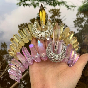 Diadema hecha a mano tiara de cuarzo crudo corona diosa luna cristal para mujer - Imagen 1 de 17