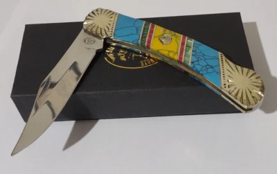 VINTAGE YELLOW TURQOUISE LOCKBACK HUNTING POCKET KNIFE W/ M.O.P. SILVER HORSE ! - Image 1 of 4