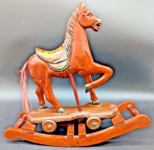 Hand Carved Painted Wood Rocking Horse Antique Primitive Folk Art Pull Toy - Picture 1 of 13