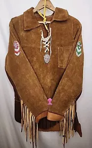 Vintage Native American Western Wear Suede Leather Pullover Fringes, Beads Large - Picture 1 of 19