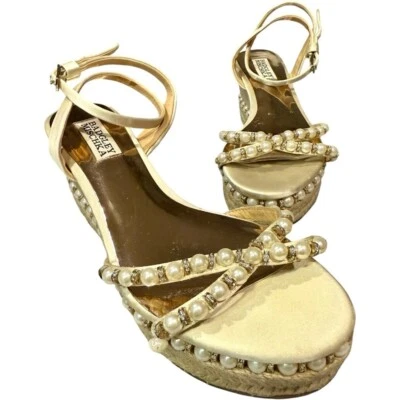 Badgley Mischka Ivory Ankle Strap Wedge Sandals Pearl Crystal Embellishments 6.5 - Image 1 of 4