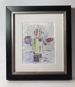 Obra de Arte Original Pintura Acuarela Enmarcado Robot - Firmado Adrian VanderHoeven - Imagen 1 de 6