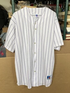 Vintage Russell Athletic MLB Baseball Jersey Blank Button Striped White XL - Picture 1 of 17