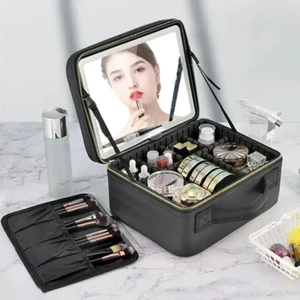 Smart LED Cosmetic Case with Mirror Travel Makeup Bag Large Capacity Female Beau - Picture 1 of 10