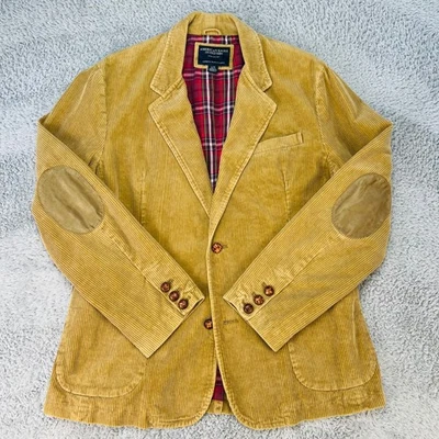 American Eagle Corduroy Blazer Mens Large Jacket Tan Elbow Patches Plaid Lined - Image 1 of 4