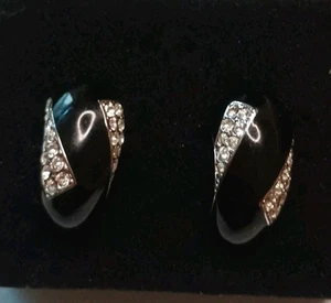 Stunning Vintage Oscar de la Renta Black Enamel & Crystal Pierced Earrings - Picture 1 of 8