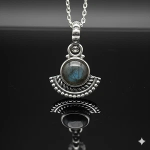 925 Sterling Silver Cabochon Natural Labradorite Pendant Necklace Art Deco - Picture 1 of 6