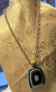 Unique BIG Polished Stone 30" Necklace Blues Cream & Olive colors Silverplate - Picture 1 of 9