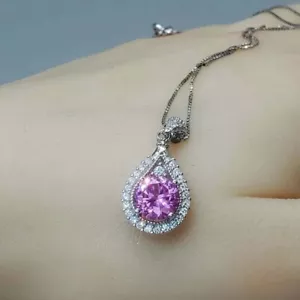 2CT Round Cut Lab-Created Pink Sapphire Women's Pendant 14K White Gold Plated - Picture 1 of 6