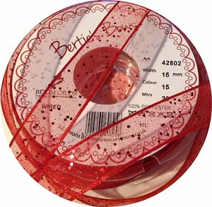 15mm x 2m Bertie's Bows Red Sheer wired Ribbon with Random Glitter. - Picture 1 of 1