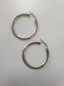 Vintage 90s 925 Sterling Silver 30mm wide 3mm thick tube Hoop Earrings - Picture 1 of 5